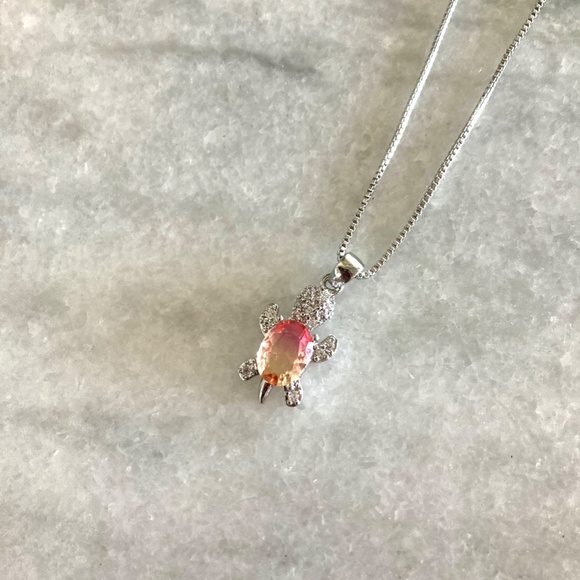 Sterling Silver Rainbow Zircon Stone Pink Yellow Turtle Pendant Necklace - Picture 3 of 4